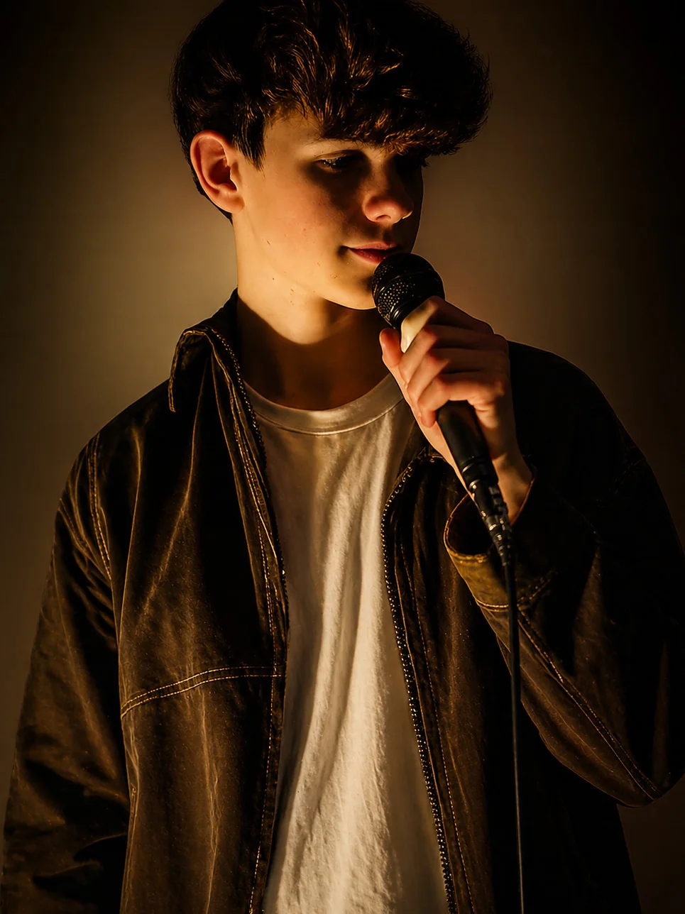 Samuel chante au micro.